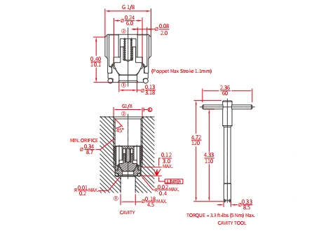 Dessin de performance/dimension/sectionnel ICV2500-G18 clapet anti-retour à vis